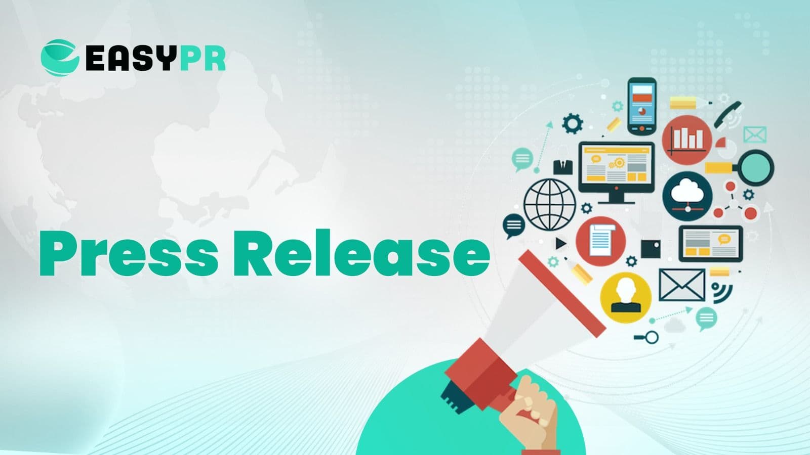 Graphic representing a press release announcement with a megaphone and icons for public relations, digital marketing, and media outreach